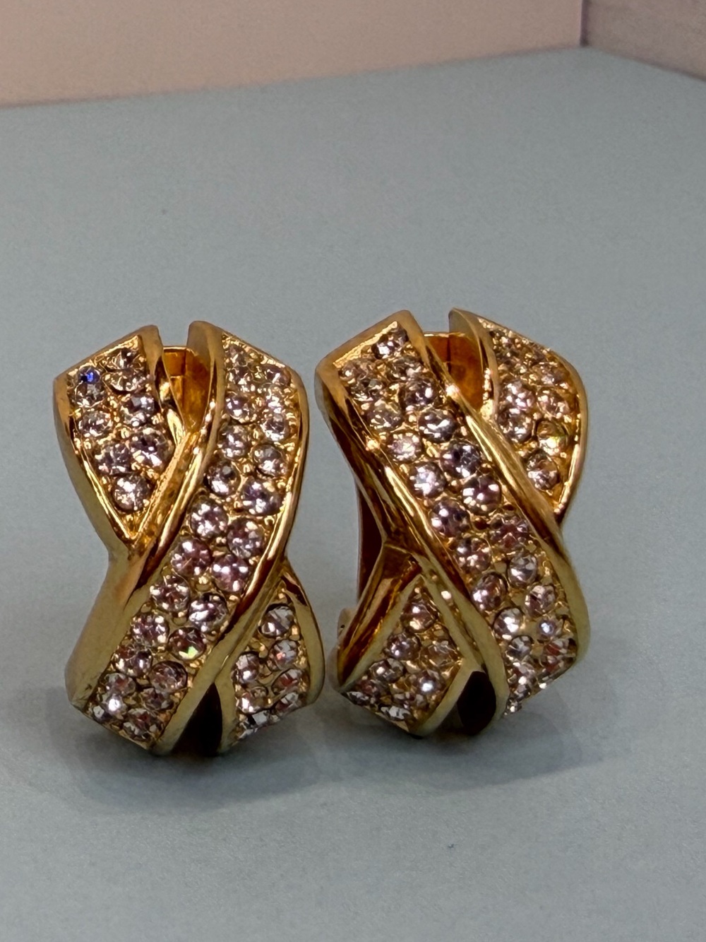 Christian Dior Vintage Gold Crystal Clip Earrings Signed Designer Statement - Picture 3 of 8